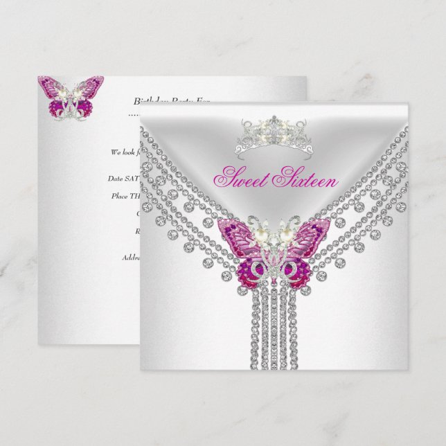 Sweet 16 Sechzehn Pink White Butterfly Einladung (Vorne/Hinten)