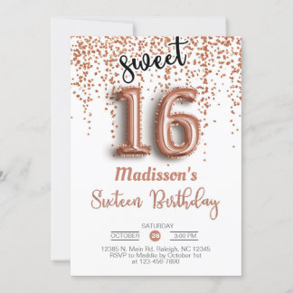 Sweet 16 sechzehn Rose Goldballon Geburtstag einla Einladung