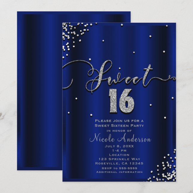 SWEET 16 Sechzehn Royal Blue Silver Confetti Corne Einladung (Vorne/Hinten)