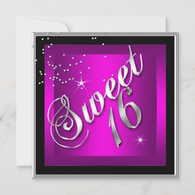 Sweet 16 Sechzehn schwarze SILVER Hot PINK Einladung (Vorderseite)