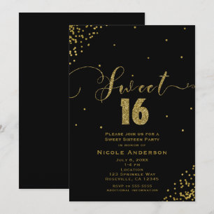 SWEET 16 Sechzehn schwarze und goldene Konfetti-Ec Einladung