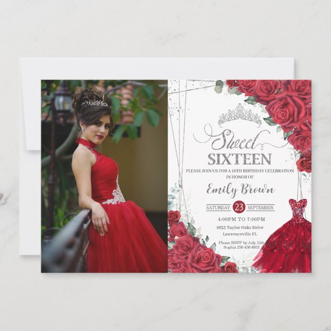 Sweet 16 Sechzehn Silber Rote Rosen Blumenkohl Fot Einladung (Vorderseite)