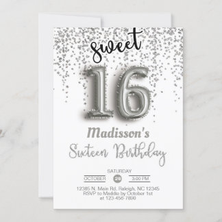 Sweet 16 sechzehn Silberballon Geburtstag einladen Einladung