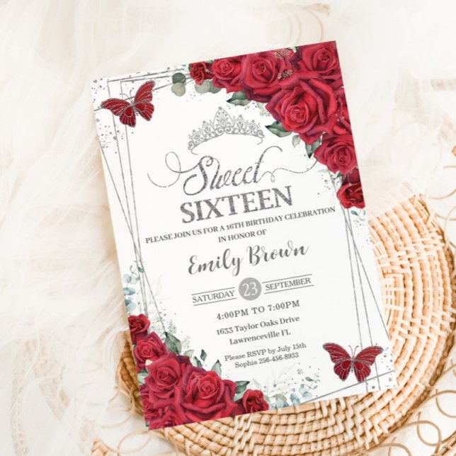 Sweet 16 Sechzehn Silberschmetterlinge Rote Rosen  Einladung (Von Creator hochgeladen)