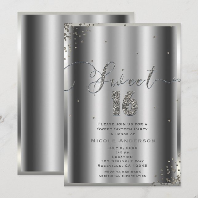 SWEET 16 Sechzehn Silver Glam Confetti Ecken Einladung (Vorne/Hinten)