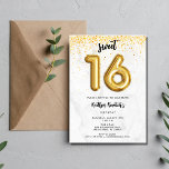 Sweet 16 Sechzehnte Geburtstagsballon-Party Einladung<br><div class="desc">Adorable süße 16 Geburtstagsfeier Einladungen in einem Schwarz-Gold 16 Ballon Design auf Imitat graue Marmorpapier. Passen Sie Ihre Party-Daten an und schicken Sie eine E-Mail an Familie und Freunde,  die sie zum 16. Geburtstag einladen!</div>