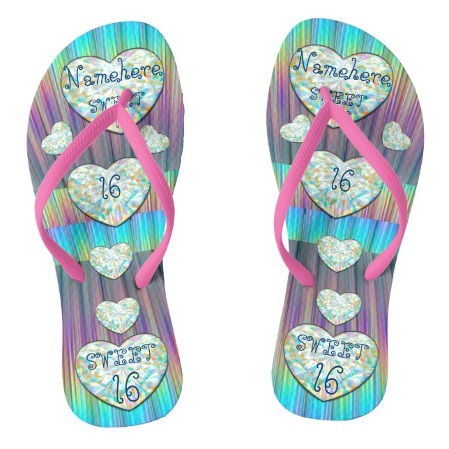 Sweet 16 Shoes Neon Diamond Herzen! ADD NAME! Flip Flops (Fußbett)