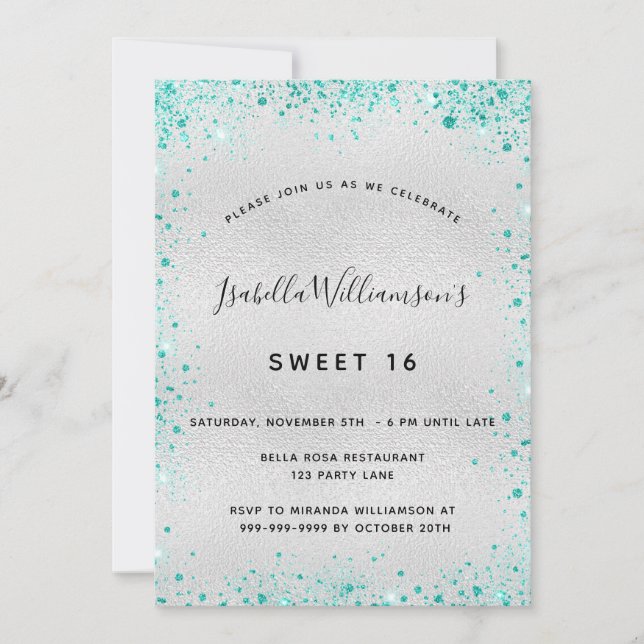 Sweet 16 silber aquamariner Glitzer Einladung (Vorderseite)