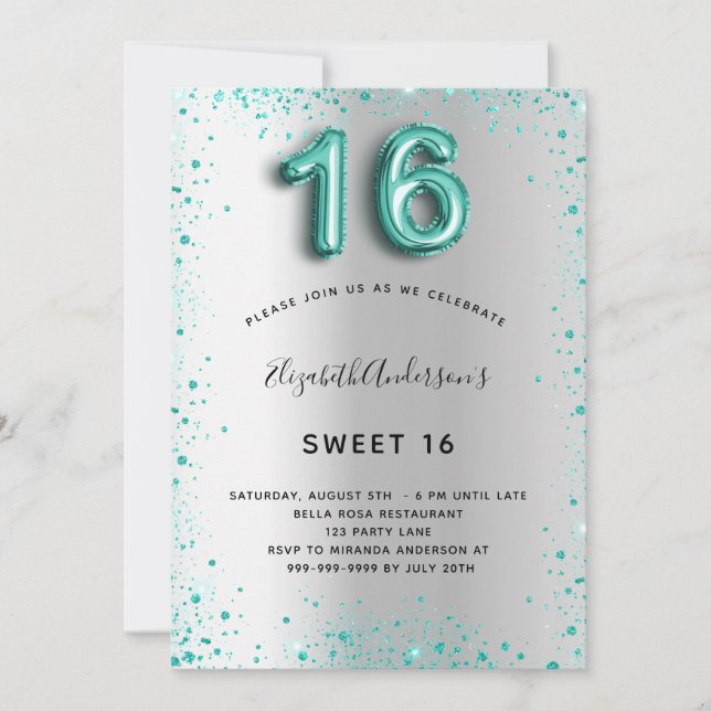 Sweet 16 silber aquamariner Glitzer elegant glamou Einladung (Vorderseite)