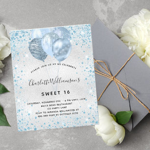 Sweet 16 Silber Blau Glitter Budget Einladung Flyer