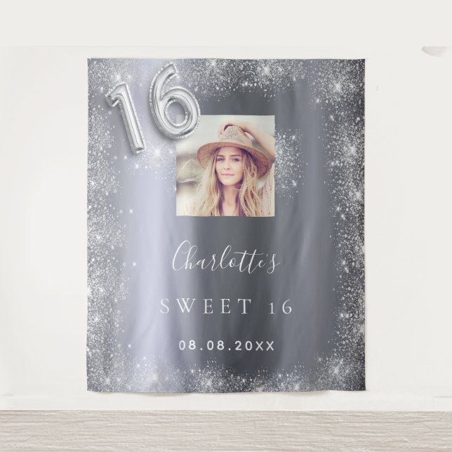 Sweet 16 silber Foto Glitzer Staub willkommen Wandteppich (Vorderseite)