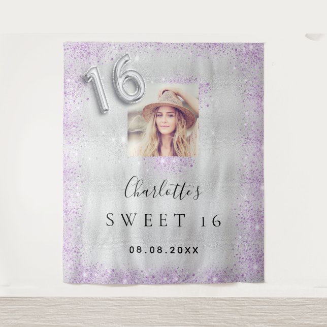 Sweet 16 silber Foto lila Glitzer Staub willkommen Wandteppich (Vorderseite)