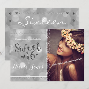 SWEET 16 Silber-Glitter-Party-Foto-Einladung Einladung