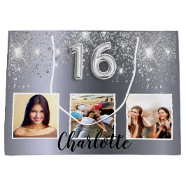 Sweet 16 silber Glitzer Foto Große Geschenktüte