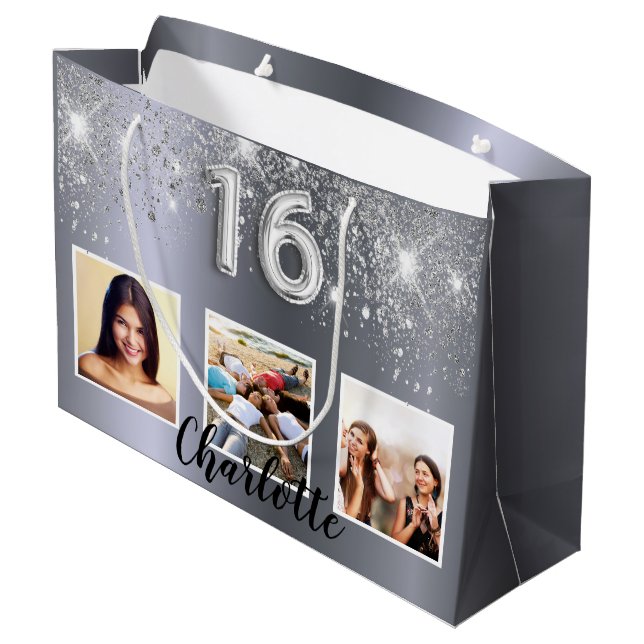 Sweet 16 silber Glitzer Foto Große Geschenktüte (Rückseite Schrägansicht)