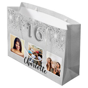 Sweet 16 silber Glitzer Foto Name chic Große Geschenktüte