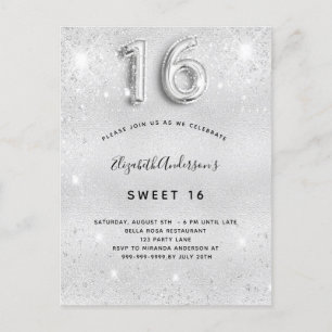 Sweet 16 silber Glitzer Staubglasur Einladungspostkarte