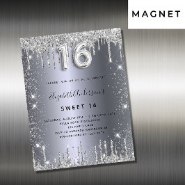 Sweet 16 silber Glitzer Tropfen Einladungmagnet Magnetkarte