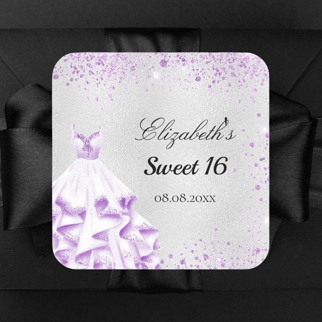 Sweet 16 silber lila Glitzer Staubkleid Name Quadratischer Aufkleber (Von Creator hochgeladen)