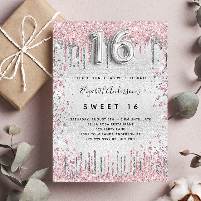 Sweet 16 silber pink Glitzer Tropfen Luxus Einladung (Von Creator hochgeladen)