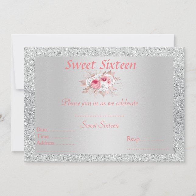 Sweet 16 silber, rosa, pfirsichfarben einladung (Vorderseite)