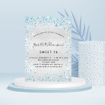 Sweet 16 silberblau Glitzer Luxus Einladung<br><div class="desc">Für einen eleganten Sweet 16,  16. Geburtstag. Ein Imitat silber metallisch aussehender Hintergrund. Mit blauen Imitaten Glitzer Staub. Personalisieren und fügen Sie Namen,  Alter und Party Details hinzu. Der Name wird mit einem handgeschriebenen Stilskript geschrieben</div>