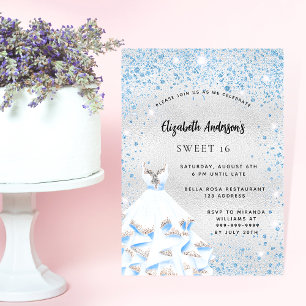 Sweet 16 silberblaue Glitzern Party Einladung