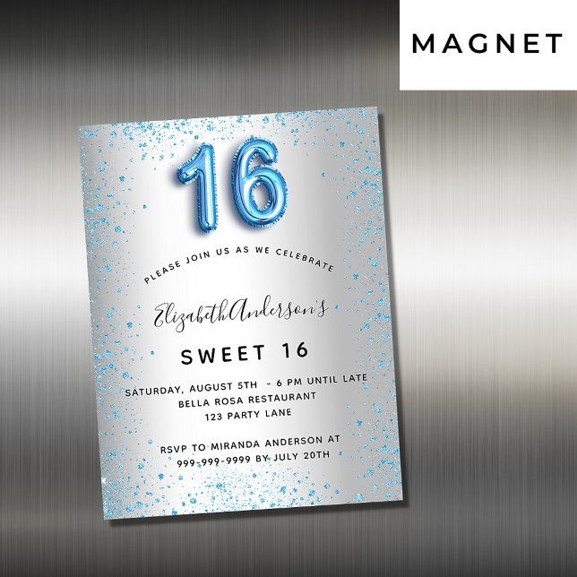 Sweet 16 silberblauer Glitzer Einladungsmagnet Magnetkarte (Von Creator hochgeladen)