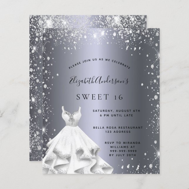 Sweet 16 Silberkleid Glitzer Einladung (Vorne/Hinten)