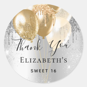 Sweet 16 silberne Glitzer Ballons Vielen Dank Runder Aufkleber