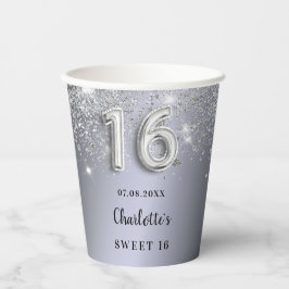Sweet 16 silberne Glitzer-Monogramm Pappbecher
