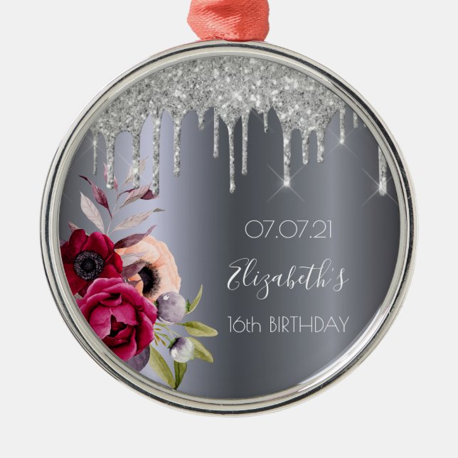 Sweet 16 silberne Glitzer Tropfen blumenburgund Ornament Aus Metall (Vorne)