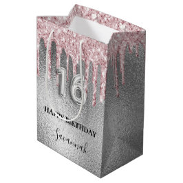 Sweet 16 silberne Glitzer Tropfen rosa Monogramm 1 Mittlere Geschenktüte