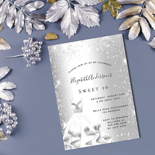 Sweet 16 silberne Kleid Glitzer glamourös Einladun Postkarte (Von Creator hochgeladen)