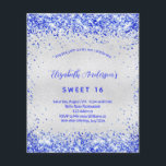 Sweet 16 silberne königsblaue Haushaltseinladung Flyer<br><div class="desc">Für eine angesagte Sweet 16,  16. Geburtstagsfeier. Ein Imitat silber metallisch aussehender Hintergrund. Dekoriert mit königsblauen Imitaten Glitzer. Personalisieren und fügen Sie einen Namen und Party-Details hinzu. Der Name wird mit einem handgeschriebenen Stilskript geschrieben</div>