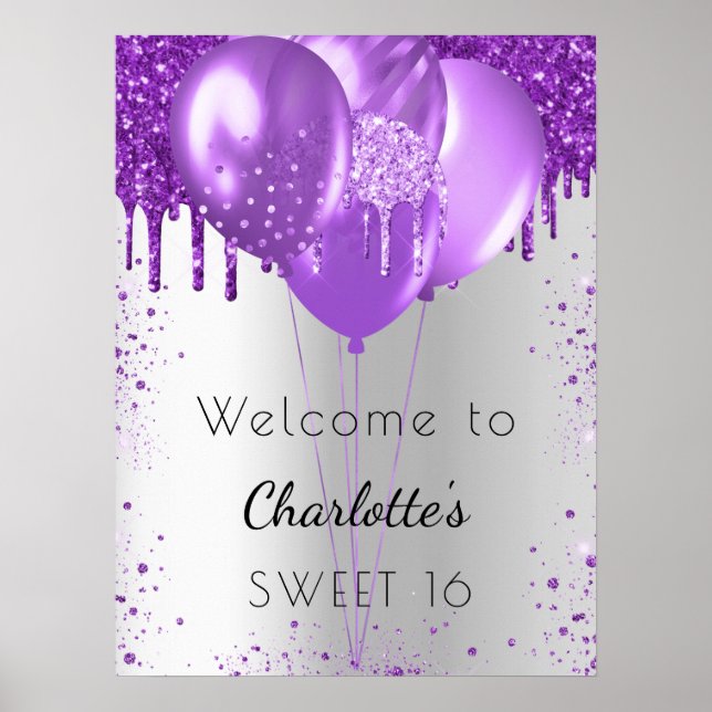 Sweet 16 silberne lila Glitzer Willkommensballons Poster (Vorne)