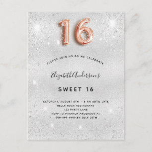 Sweet 16 silberne Rose Gold Glitzer Einladungspostkarte