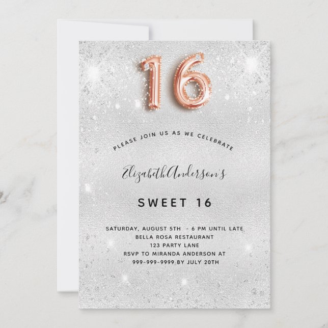 Sweet 16 silberne Rose Gold Glitzern Einladung (Vorderseite)