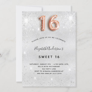 Sweet 16 silberne Rose Gold Glitzern Einladung