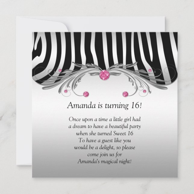 Sweet 16 Silver Black Zebra IMITATE Rosa Juwelen B Einladung (Vorderseite)