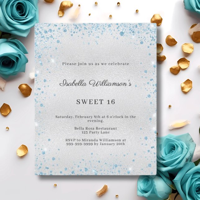 Sweet 16 silver blue glitter party invitation (Von Creator hochgeladen)