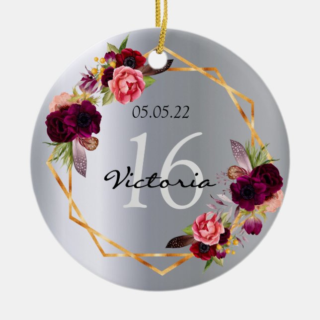 Sweet 16 silver floral geometric burgundy name keramik ornament (Vorne)
