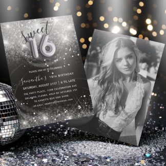 Sweet 16 Silver Glitzer & Black Birthday Party Einladung