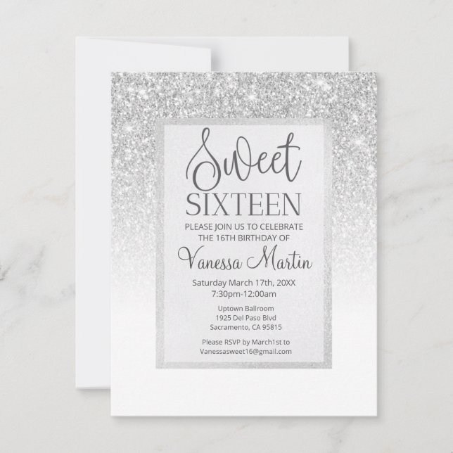 Sweet 16 Silver Glitzer Glamour Party Einladung (Vorderseite)