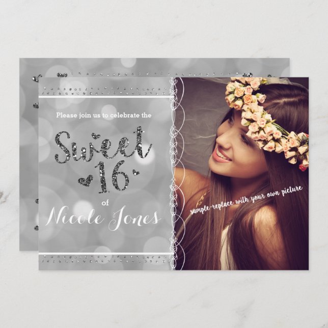 SWEET 16 Silver Glitzer Party Foto Einladung (Vorne/Hinten)