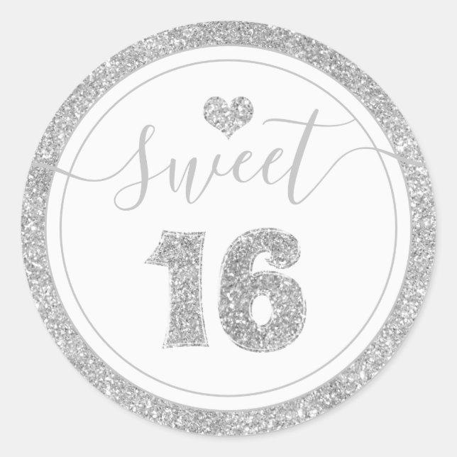 Sweet 16 Silver Gray Imitats Glitzer Herzlich will Runder Aufkleber (Vorderseite)