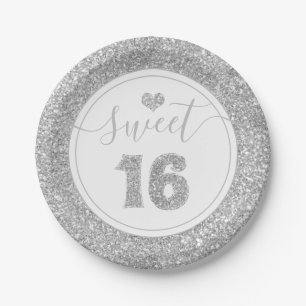 Sweet 16 Silver Imitats Glitzer Geburtstagspartei Pappteller