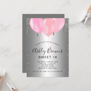 Sweet 16 Silver Pink Glitzer Ballons Einladung