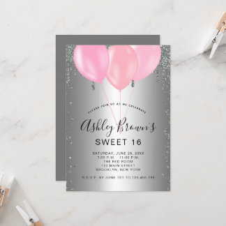 Sweet 16 Silver Pink Glitzer Ballons Einladung