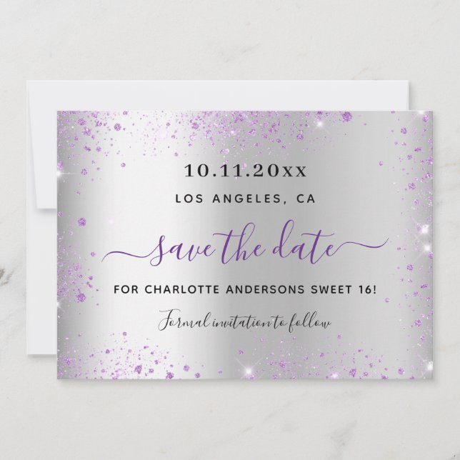 Sweet 16 silver purple save the date (Vorderseite)